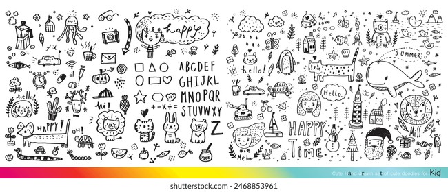 Collection of hand drawn cute doodles,Doodle children drawing,Sketch set of drawings in child style,Funny Doodle Hand Drawn,Page for coloring, cute animal hand drawn
