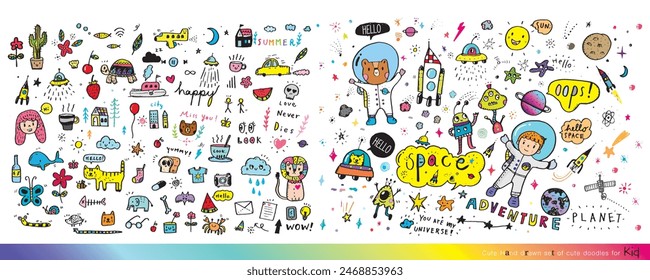 Collection of hand drawn cute doodles,Doodle children drawing,Sketch set of drawings in child style,Funny Doodle Hand Drawn,Page for coloring, cute animal hand drawn