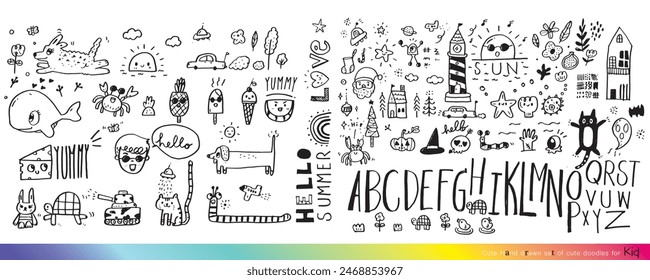 Collection of hand drawn cute doodles,Doodle children drawing,Sketch set of drawings in child style,Funny Doodle Hand Drawn,Page for coloring, cute animal hand drawn
