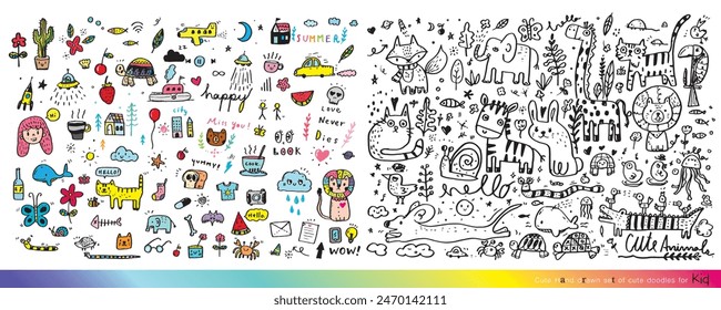 Collection of hand drawn cute doodles,Doodle children drawing,Sketch set of drawings in child style,Funny Doodle Hand Drawn,Page for coloring, cute animal hand drawn