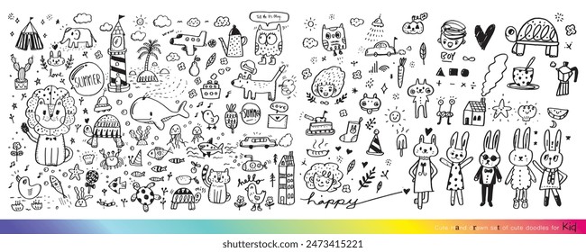 Collection of hand drawn cute doodles,Doodle children drawing,Sketch set of drawings in child style,Funny Doodle Hand Drawn,Page for coloring, cute animal hand drawn