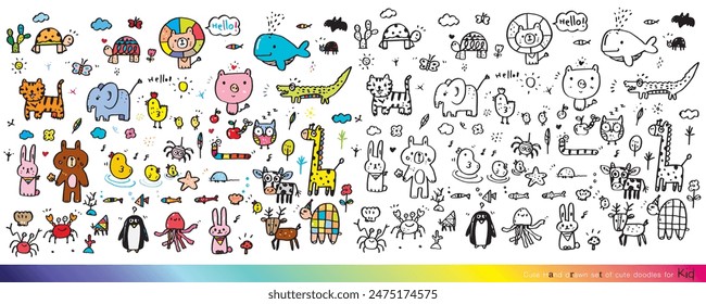 Collection of hand drawn cute doodles,Doodle children drawing,Sketch set of drawings in child style,Funny Doodle Hand Drawn,Page for coloring, cute animal hand drawn, cute Doodle