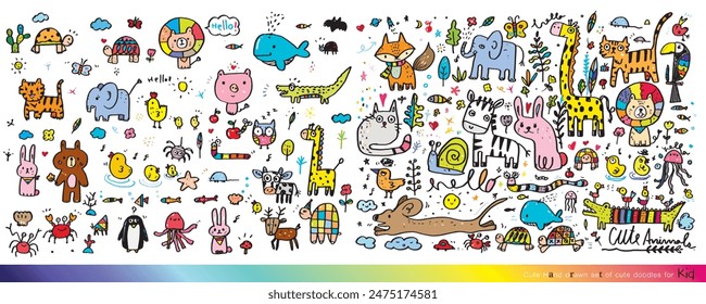 Collection of hand drawn cute doodles,Doodle children drawing,Sketch set of drawings in child style,Funny Doodle Hand Drawn,Page for coloring, cute animal hand drawn, cute Doodle