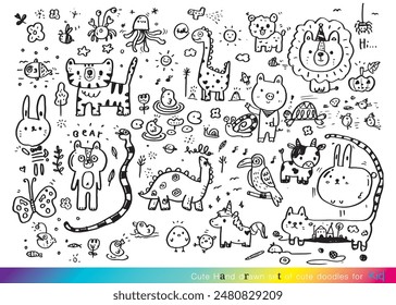 Collection of hand drawn cute doodles,Doodle children drawing,Sketch set of drawings in child style,Funny Doodle Hand Drawn,Page for coloring, cute animal hand drawn, cute Doodle