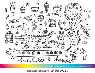 Collection of hand drawn cute doodles,Doodle children drawing,Sketch set of drawings in child style,Funny Doodle Hand Drawn,Page for coloring, cute animal hand drawn, cute Doodle