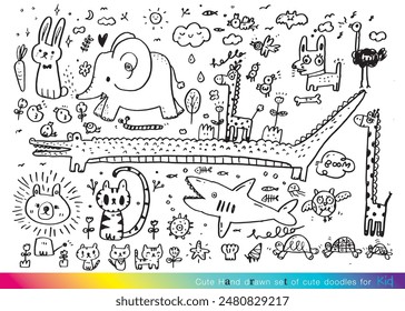 Collection of hand drawn cute doodles,Doodle children drawing,Sketch set of drawings in child style,Funny Doodle Hand Drawn,Page for coloring, cute animal hand drawn, cute Doodle