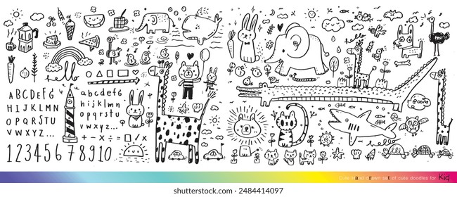 Collection of hand drawn cute doodles,Doodle children drawing,Sketch set of drawings in child style,Funny Doodle Hand Drawn,Page for coloring, cute animal hand drawn, cute Doodle
