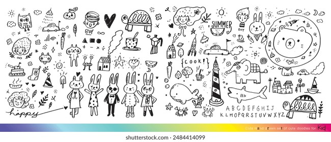 Collection of hand drawn cute doodles,Doodle children drawing,Sketch set of drawings in child style,Funny Doodle Hand Drawn,Page for coloring, cute animal hand drawn, cute Doodle