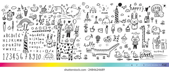 Collection of hand drawn cute doodles,Doodle children drawing,Sketch set of drawings in child style,Funny Doodle Hand Drawn,Page for coloring, cute animal hand drawn, cute Doodle