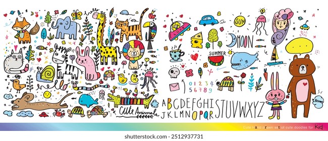 Collection of hand drawn cute doodles,Doodle children drawing,Sketch set of drawings in child style,Funny Doodle Hand Drawn,Page for coloring, cute animal hand drawn, cute Doodle