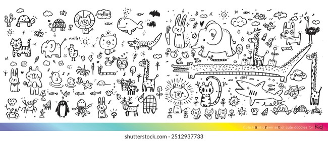 Coleção de doodles bonitos desenhados à mão, Desenho de crianças Doodle, Conjunto de esboços de desenhos em estilo infantil, Desenhado à mão Doodle engraçado, Página para coloração, desenhado à mão animal bonito, Doodle bonito
