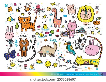 Coleção de doodles bonitos desenhados à mão, Desenho de crianças Doodle, Conjunto de esboços de desenhos em estilo infantil, Desenhado à mão Doodle engraçado, Página para coloração, desenhado à mão animal bonito, Doodle bonito