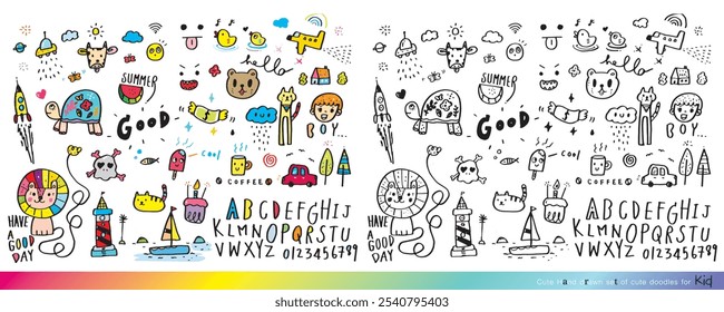 Collection of hand drawn cute doodles,Doodle children drawing,Sketch set of drawings in child style,Page for coloring, cute animal hand drawn, cute Doodle,Coloring book for children