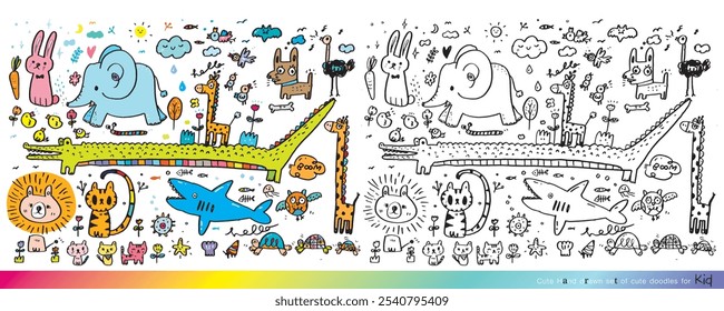 Collection of hand drawn cute doodles,Doodle children drawing,Sketch set of drawings in child style,Page for coloring, cute animal hand drawn, cute Doodle,Coloring book for children