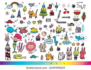 Collection of hand drawn cute doodles,Doodle children drawing,Sketch set of drawings in child style,Funny Doodle Hand Drawn,Page for coloring, cute animal hand drawn, cute Doodle