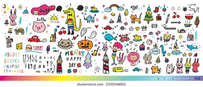 Collection of hand drawn cute doodles,Doodle children drawing,Sketch set of drawings in child style,Funny Doodle Hand Drawn,Page for coloring, cute animal hand drawn, cute Doodle