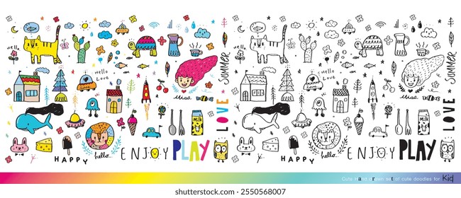 Collection of hand drawn cute doodles,Doodle children drawing,Sketch set of drawings in child style,Funny Doodle Hand Drawn,Page for coloring, cute animal hand drawn, cute Doodle