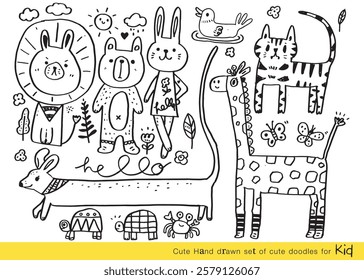 Collection of hand drawn cute doodles,Doodle children drawing,Sketch set of drawings in child style,Funny Doodle Hand Drawn,Page for coloring, cute animal hand drawn, cute Doodle