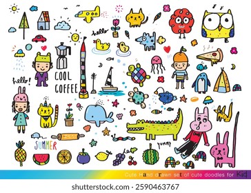 Collection of hand drawn cute doodles,Doodle children drawing,Sketch set of drawings in child style,Funny Doodle Hand Drawn,Page for coloring, cute animal hand drawn, cute Doodle