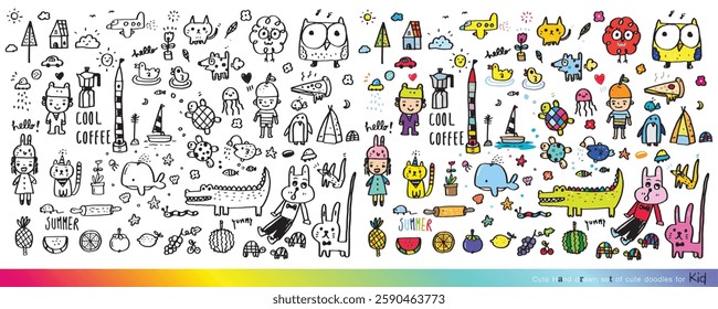 Collection of hand drawn cute doodles,Doodle children drawing,Sketch set of drawings in child style,Funny Doodle Hand Drawn,Page for coloring, cute animal hand drawn, cute Doodle