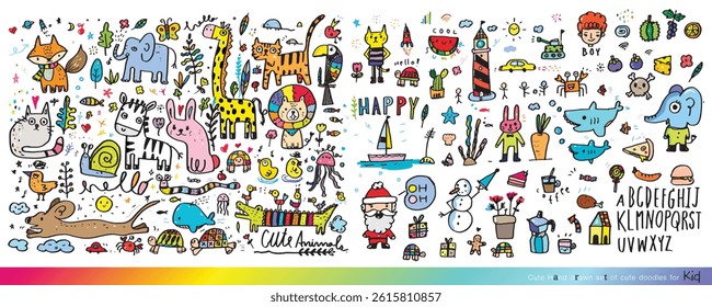 Collection of hand drawn cute doodles,Doodle children drawing,Sketch set of drawings in child style,Funny Doodle Hand Drawn,Page for coloring, cute animal hand drawn, cute Doodle