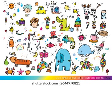 Collection of hand drawn cute doodles,Doodle children drawing,Sketch set of drawings in child style,Funny Doodle Hand Drawn,Page for coloring, cute animal hand drawn, cute Doodle