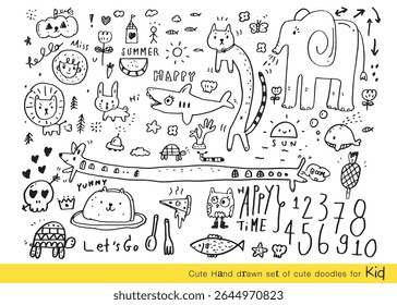 Collection of hand drawn cute doodles,Doodle children drawing,Sketch set of drawings in child style,Funny Doodle Hand Drawn,Page for coloring, cute animal hand drawn, cute Doodle