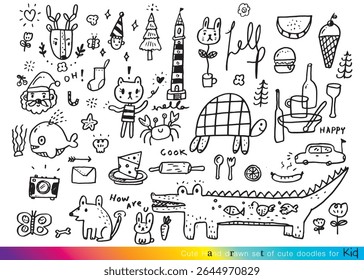 Collection of hand drawn cute doodles,Doodle children drawing,Sketch set of drawings in child style,Funny Doodle Hand Drawn,Page for coloring, cute animal hand drawn, cute Doodle