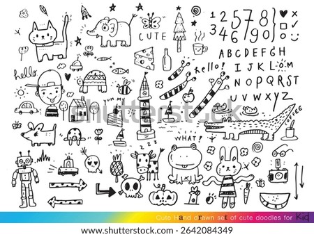 Collection of hand drawn cute doodles,Doodle children drawing,Sketch set of drawings in child style,Funny Doodle Hand Drawn,Page for coloring, cute animal hand drawn, cute Doodle