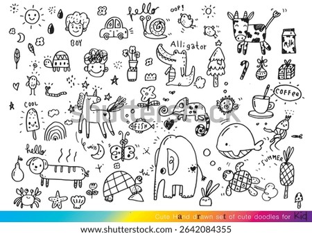 Collection of hand drawn cute doodles,Doodle children drawing,Sketch set of drawings in child style,Funny Doodle Hand Drawn,Page for coloring, cute animal hand drawn, cute Doodle