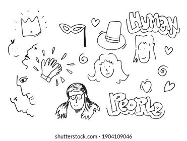 Sammlung von handgezeichneten, niedlichen Gesichtern, Kronen, Masken, Hüten und Herzen, Vektorgrafik.