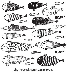 Collection of hand drawn cute fish in sketch style. Vector decorative marine illustration.