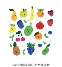 Collection of hand drawn cute fruits with smiling faces. Colorful children illustration, good for posters, clothing, print materials.