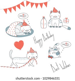 Collection of hand drawn cute funny cartoon cats in party hats, with presents, typography. Isolated objects on white background. Vector illustration. Design concept for children, birthday celebration.