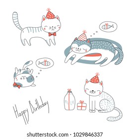 Collection of hand drawn cute funny cartoon cats in party hats, with presents, typography. Isolated objects on white background. Vector illustration. Design concept for children, birthday celebration.