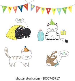 Collection of hand drawn cute funny cartoon cats in party hats, with presents, typography. Isolated objects on white background. Vector illustration. Design concept for children, birthday celebration.