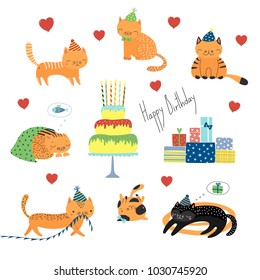 Collection of hand drawn cute funny cartoon cats in party hats, with presents, typography. Isolated objects on white background. Vector illustration. Design concept for children, birthday celebration.