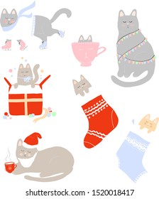 Collection of hand drawn cute funny Christmas cats in hat, in garland, in socks, on ice skating. Isolated flat objects.  Vector illustration. Design consept for winter, holidays, Christmas, New Year.