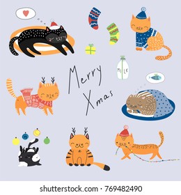 Collection of hand drawn cute funny cartoon cats in hats, with deer antlers, presents, typography. Isolated flat objects. Vector illustration. Design concept for children, winter holidays, Christmas.