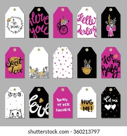 Collection of hand drawn cute gift tags. Valentine's, marriage, wedding, birthday, love, romantic theme.