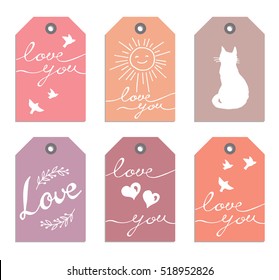 Collection of hand drawn cute gift tags. Valentine's, marriage, wedding, birthday, love, romantic theme. Rose, orange, beige, red and mauve colors