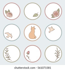 Collection of hand drawn cute gift round labels tags. Valentine's, marriage, wedding, birthday, love, romantic theme. Pastel colors. Birds, cat and flowers