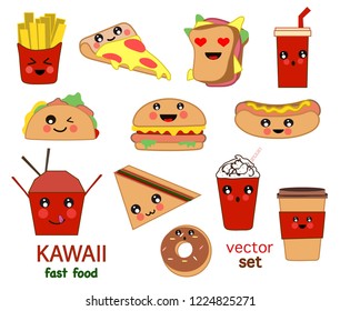 Collection of hand drawn.  Cute kawaii food. Fast food. Burger, hot dog, coffee, fries, lemonade, donut, sandwich, pizza. Transparent background. Vector