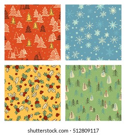 Collection of hand drawn cute retro seamless patterns. Colorful Christmas, Noel, New Year backdrop. Decorative background for fabric, textile, wrapping paper, card, invitation, wallpaper, web design