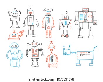 Collection of hand drawn cute robots. Vector illustration.