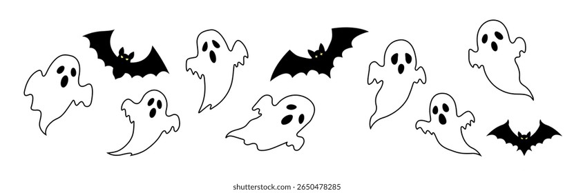 Collection of hand drawn cute and scary Happy Halloween ghosts and bats isolated on transparent background. Editable stroke. Vector Halloween sticker, icon set