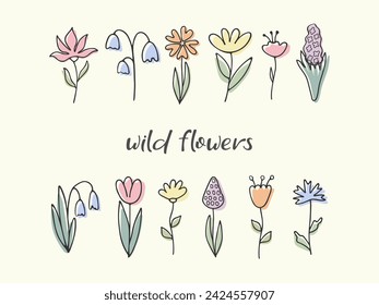 Collection of hand Drawn cute Spring flowers. Contour Line doodle meadow wild flower set. Botanical Elements for design. Abstract summer blossom plant