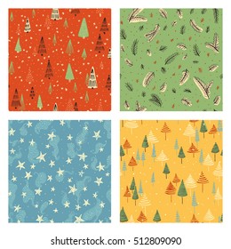 Collection of hand drawn cute vintage seamless patterns. Colorful Christmas, Noel, New Year backdrop. Decorative background for fabric, textile, wrapping paper, card, invitation, wallpaper, web design