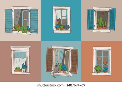 Collection of hand drawn cute windows.