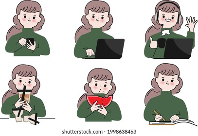 Collection of hand drawn cute woman character set. Vector illustrations in doodle style.